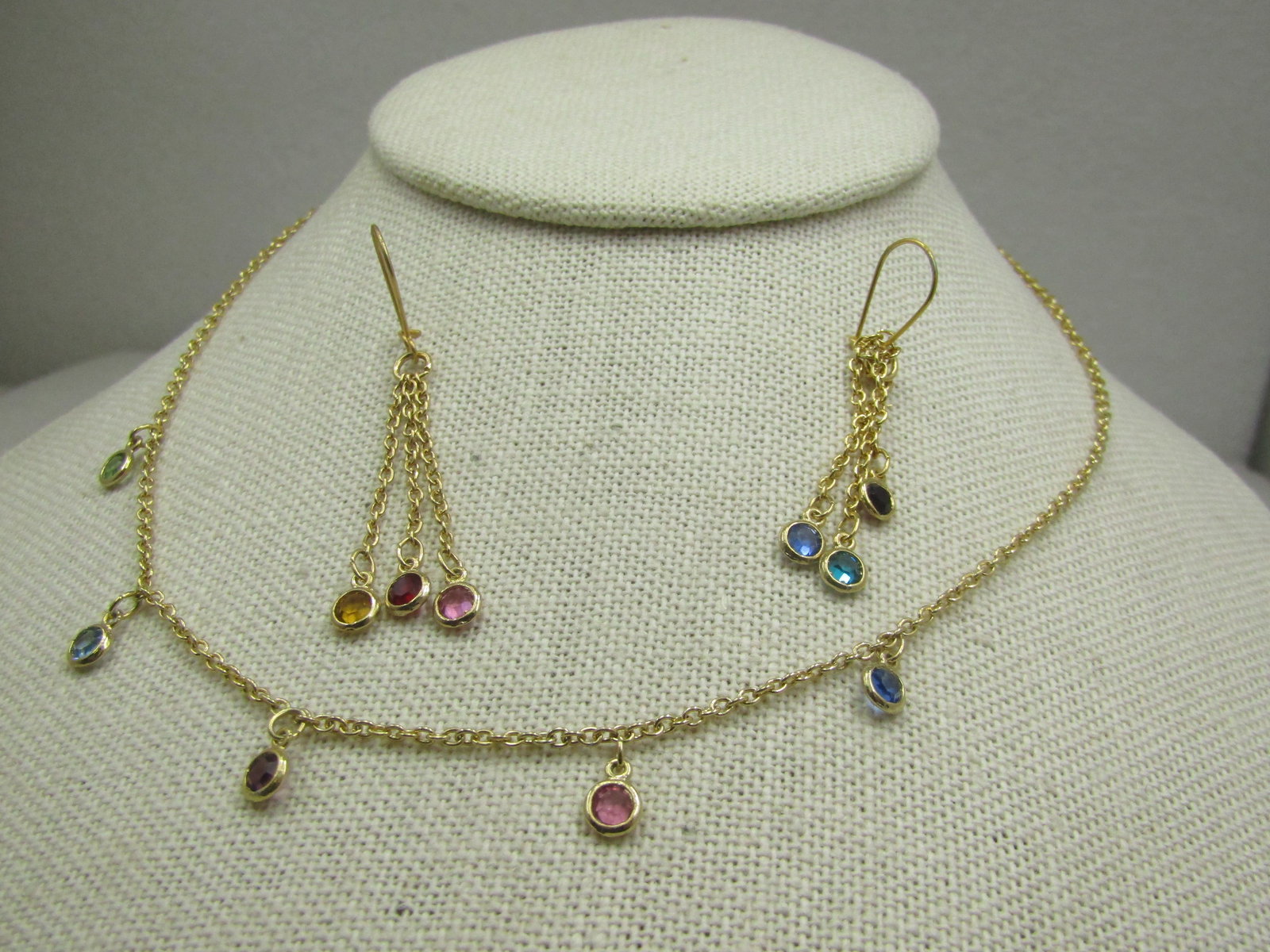 Vintage 10kt GF Rhinestone Necklace Earrings Set, Pierced, 16": Vintage 10kt GF Rhinestone Necklace Earrings Set, Pierced, 16". Yellow gold filled with bezel-set mixed gemstone colored rhienstones - the earrings have three dangle strands with a rhinestone 4mm