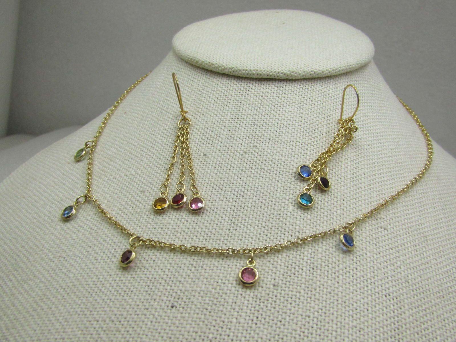 Vintage 10kt GF Rhinestone Necklace Earrings Set, Pierced, 16" - 3