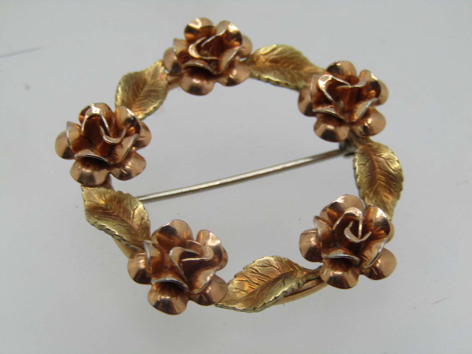 Vintage Floral Leaf Circle Brooch, Two-Tone, 1.5" - 3