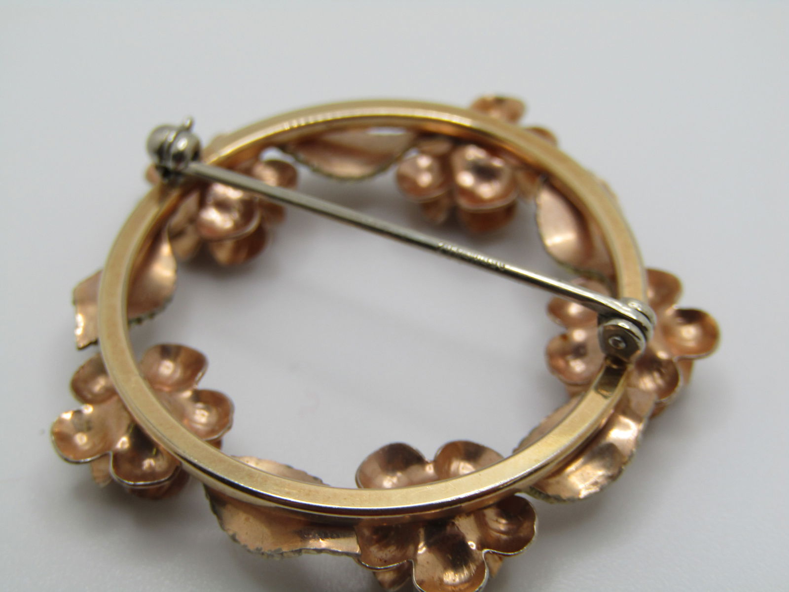 Vintage Floral Leaf Circle Brooch, Two-Tone, 1.5" - 7