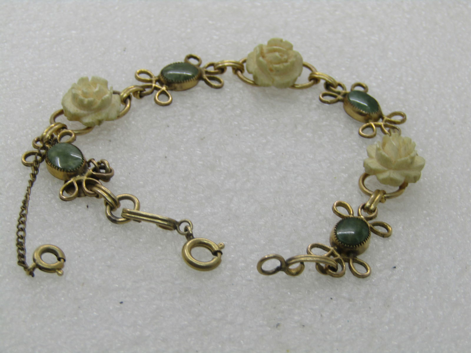 Vintage D'or Faux Carved Rose Bracelet with Green Stones, 7.5" - scrolled accent on each side of the - 4