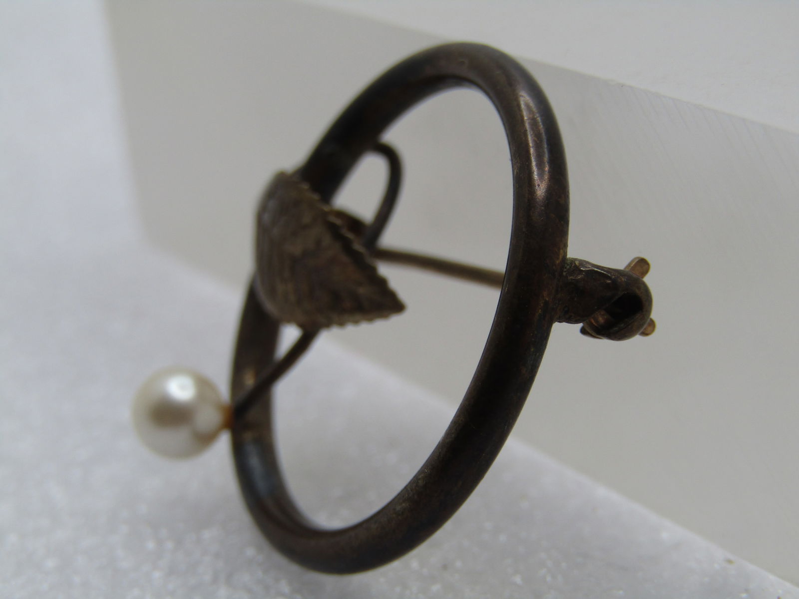 Vintage 14kt GF Faux Pearl Leaf Brooch, Circle, Signed DCE, 1960's - 2