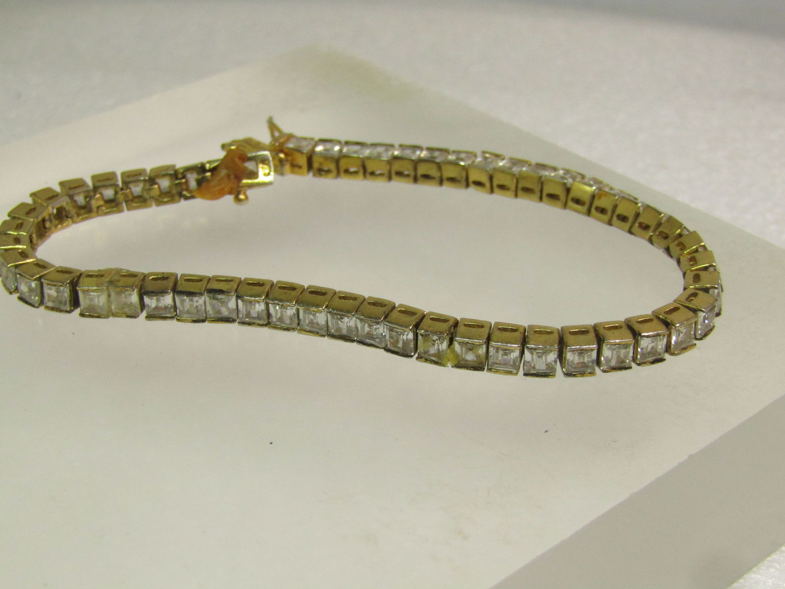 Vintage Sterling,Clear Stone Tennis Bracelet, 7.25", 1980's-1990's, Gold Vermeil - 2
