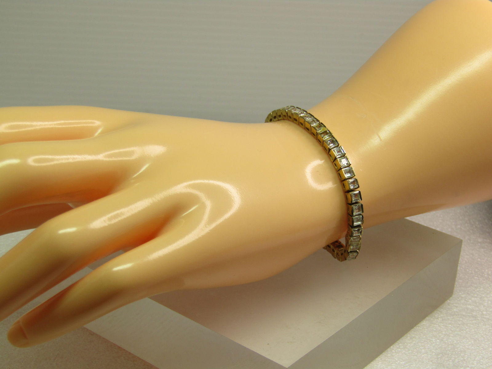 Vintage Sterling,Clear Stone Tennis Bracelet, 7.25", 1980's-1990's, Gold Vermeil - 7