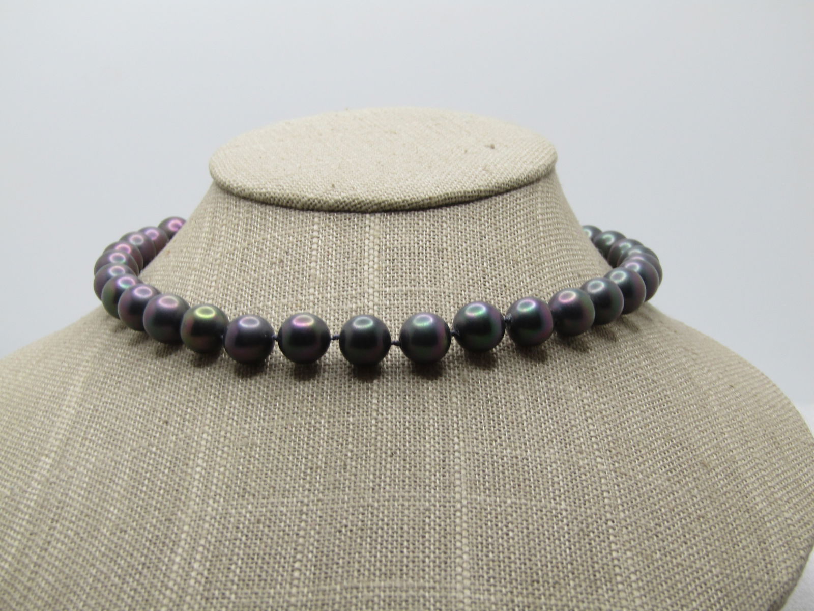 12kt G.F. Peacock Tahitian Pearl Necklace, Rhinestone clasp. 16", 1980's - 2