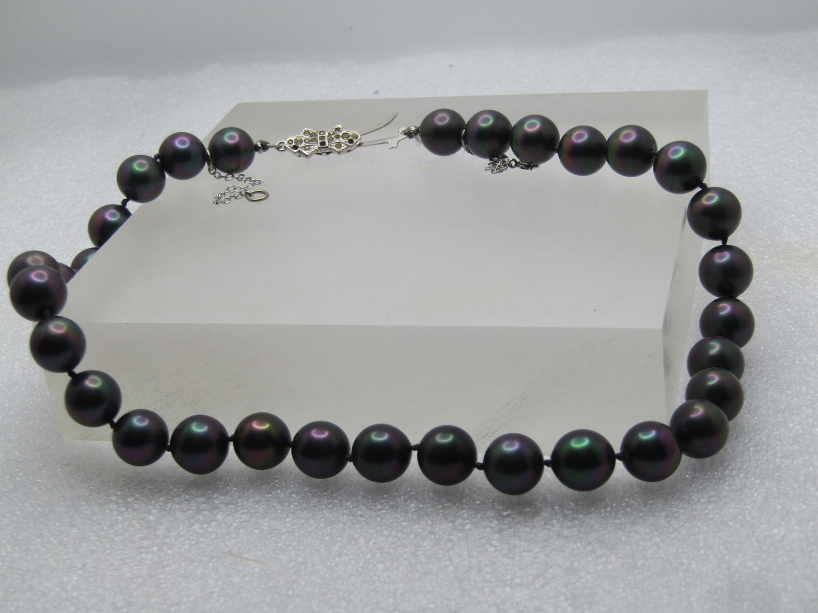 12kt G.F. Peacock Tahitian Pearl Necklace, Rhinestone clasp. 16", 1980's - 6