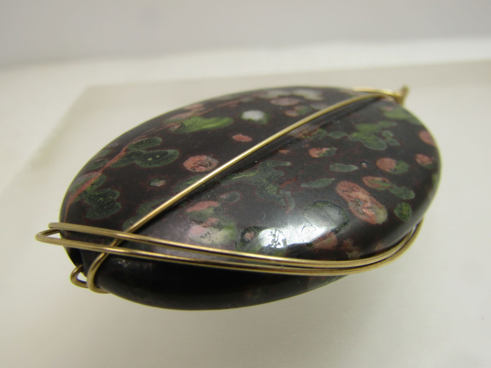 Wrapped Plum Blossom Jasper Pendant, 10kt G.F. Wire, 1980's-1990's - 5