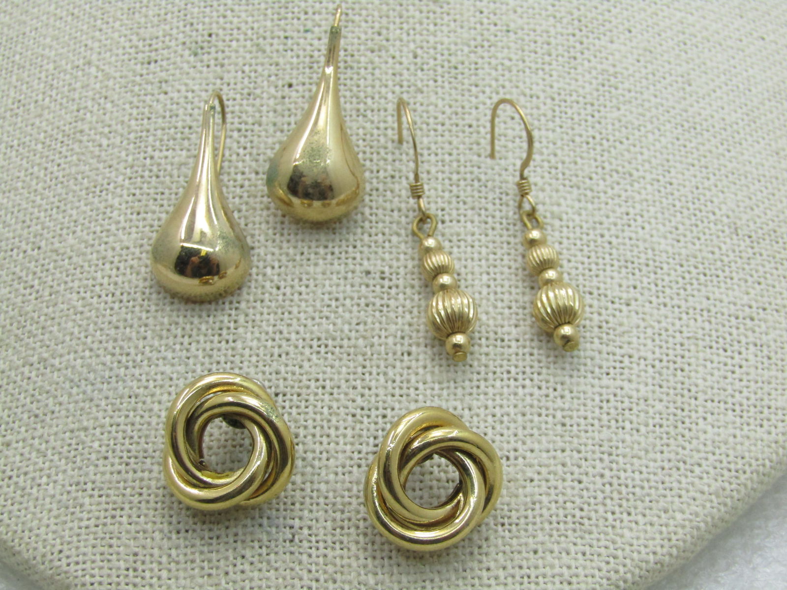 Vintage 3 Pairs 10kt G.F. Pierced Earrings, Love Knots, Beaded and Teardrop Drop Earrings (1 of 5)