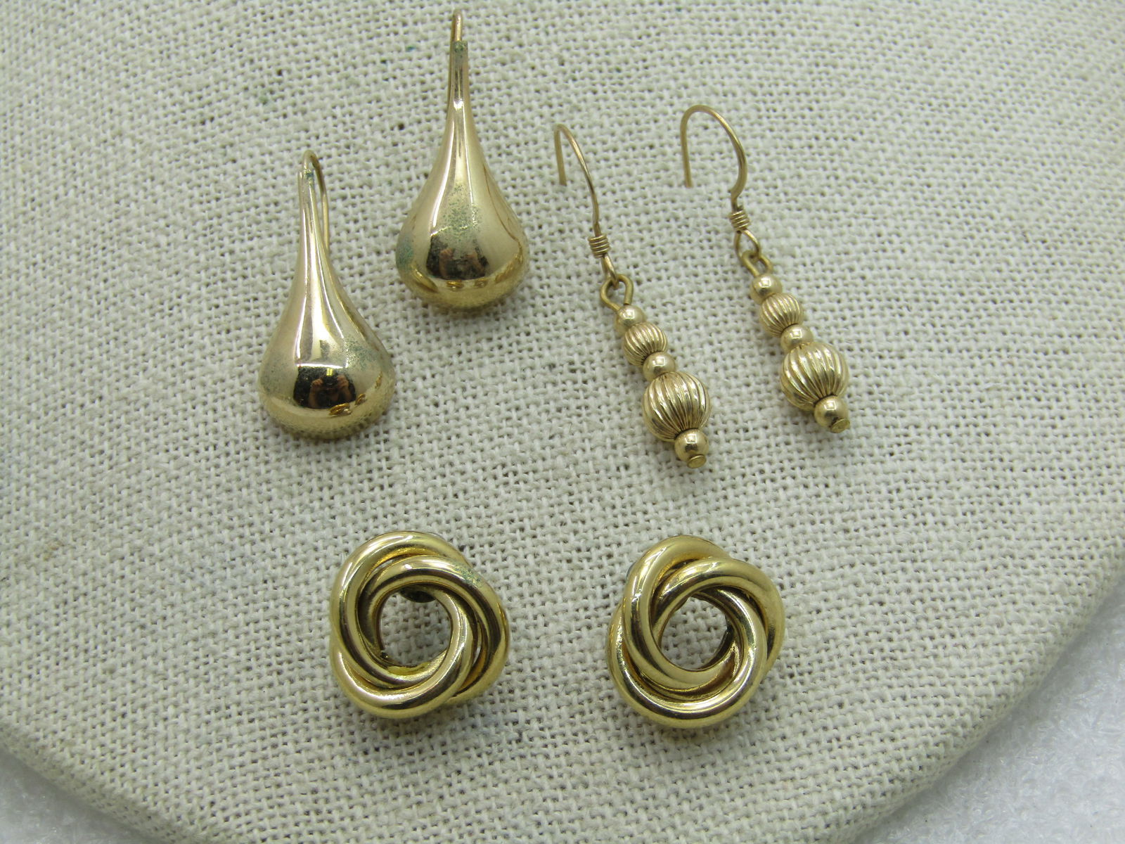 Vintage 3 Pairs 10kt G.F. Pierced Earrings, Love Knots, Beaded and Teardrop Drop Earrings - 2