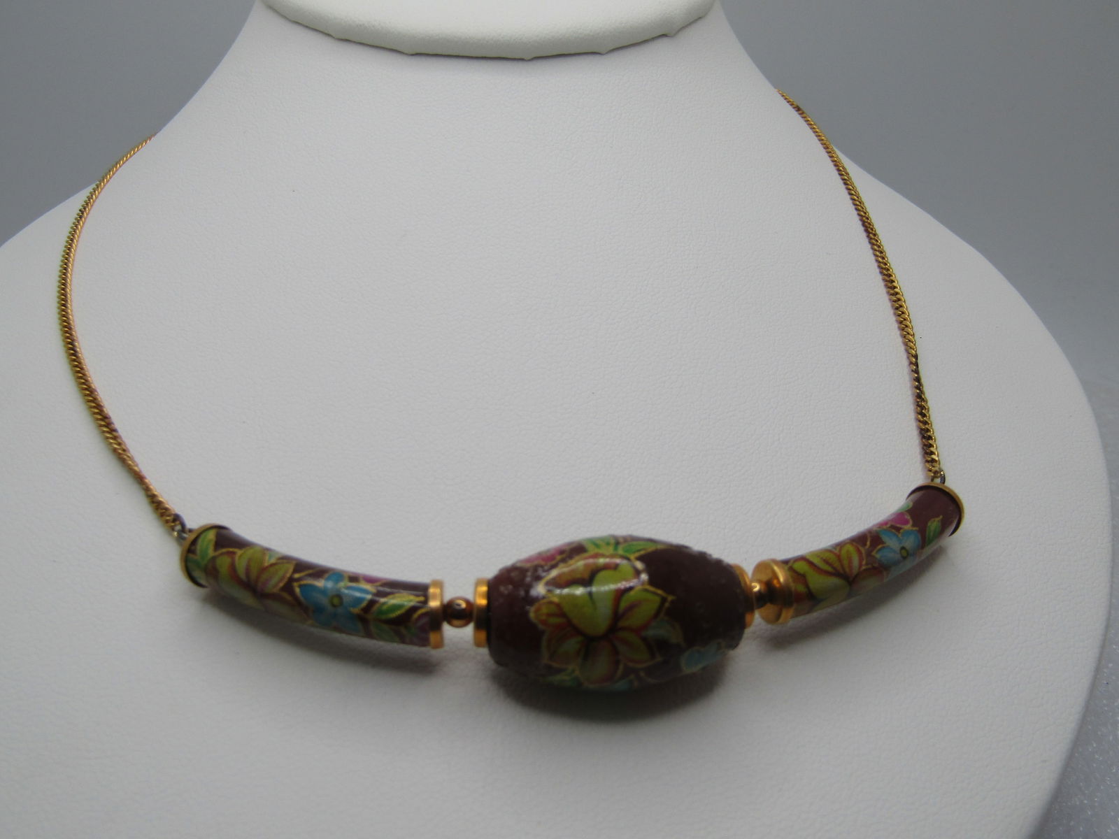 Vintage 12kt G.F. Faux Cloisonne Necklace, 22", 1970's-1980's, Signed - 2