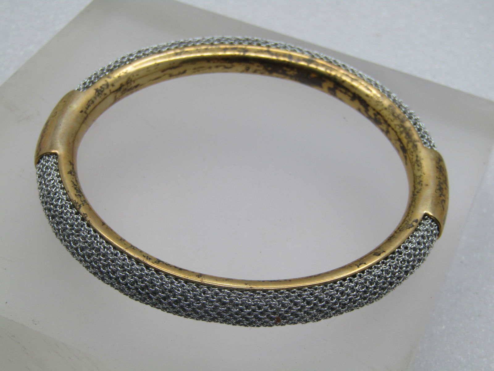 Vintage Sterling Vermeil Mesh Bangle Bracelet Two-Tone, 8" 1980's-1990's, Signed - 3