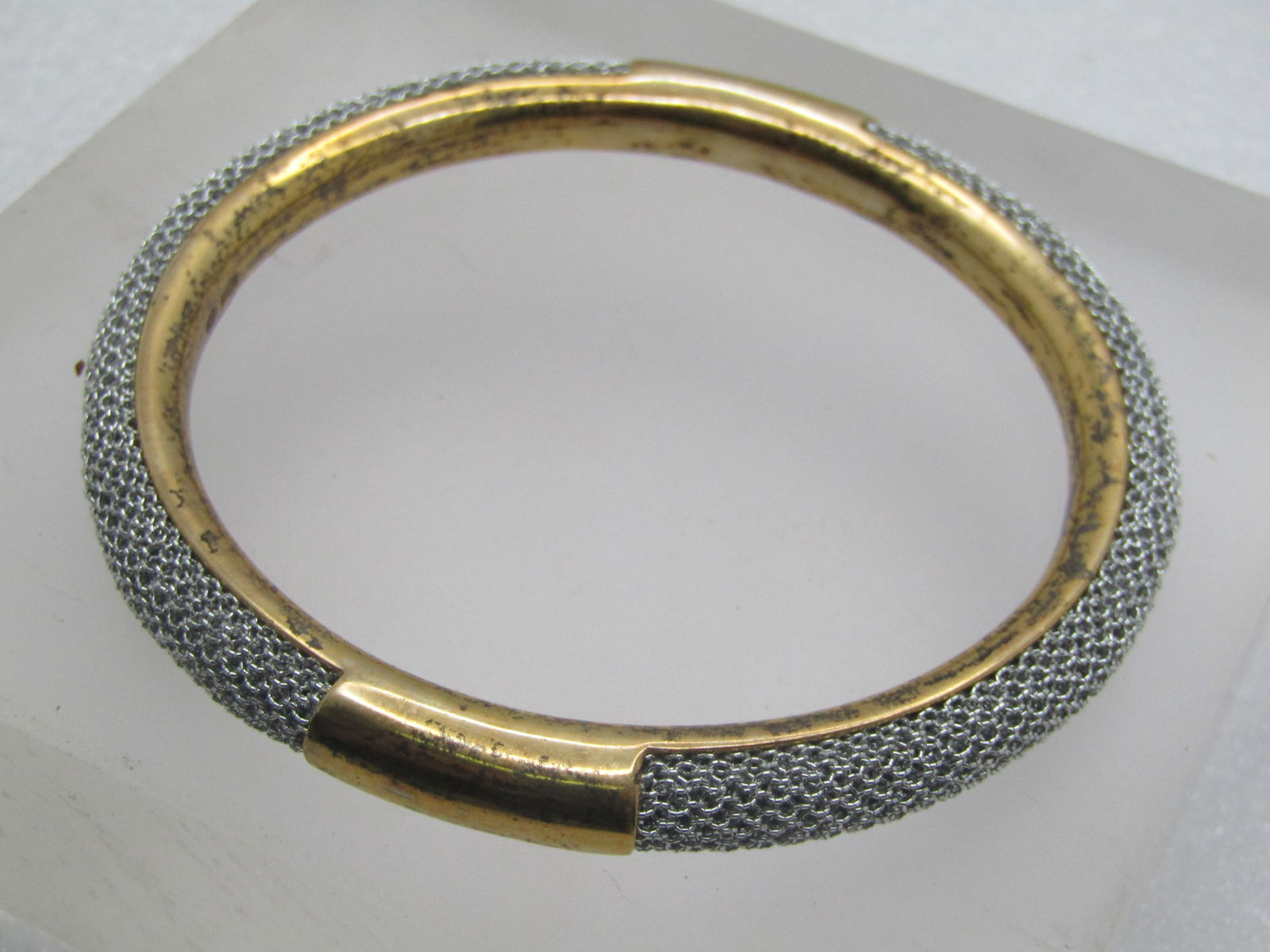 Vintage Sterling Vermeil Mesh Bangle Bracelet Two-Tone, 8" 1980's-1990's, Signed - 4