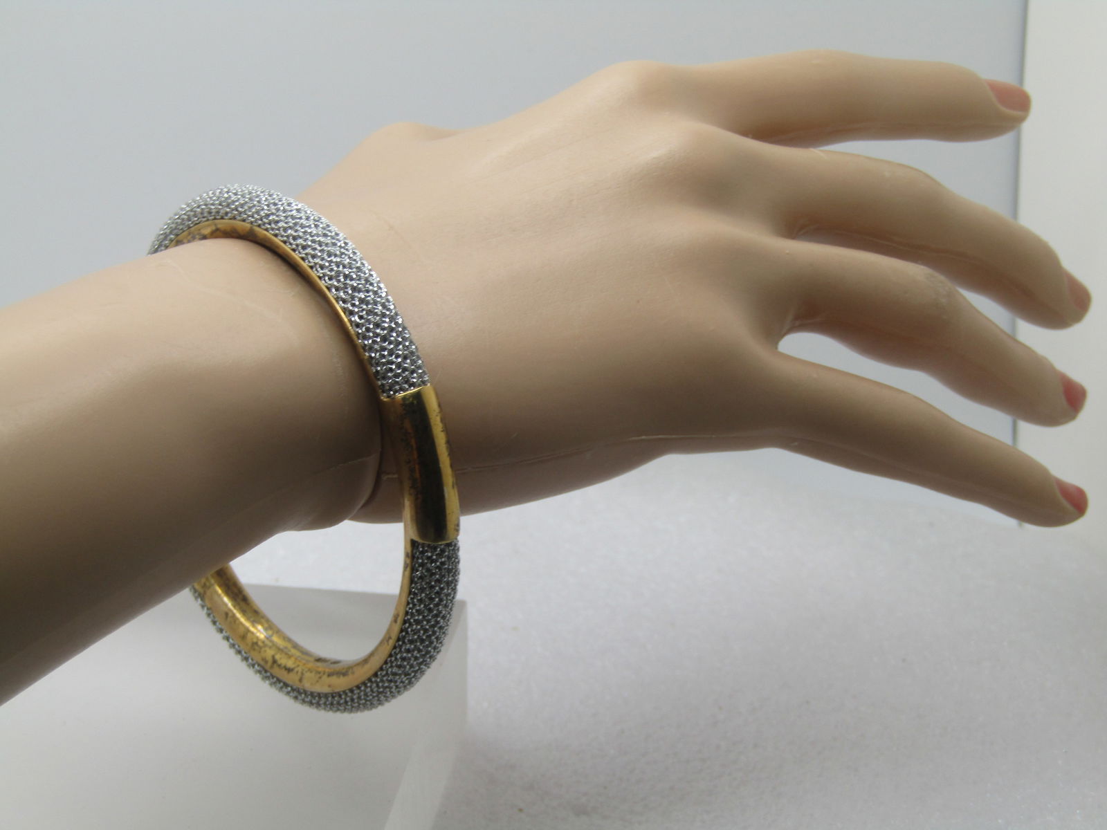 Vintage Sterling Vermeil Mesh Bangle Bracelet Two-Tone, 8" 1980's-1990's, Signed - 6