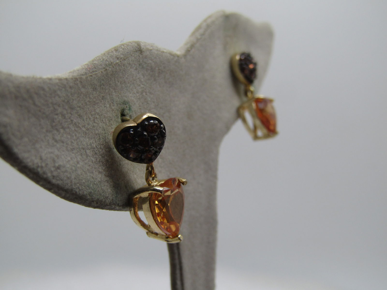 Vintage Hearts Champagne & Orange Earrings, Pierced, Rhinestone, Signed, 1990's - 3