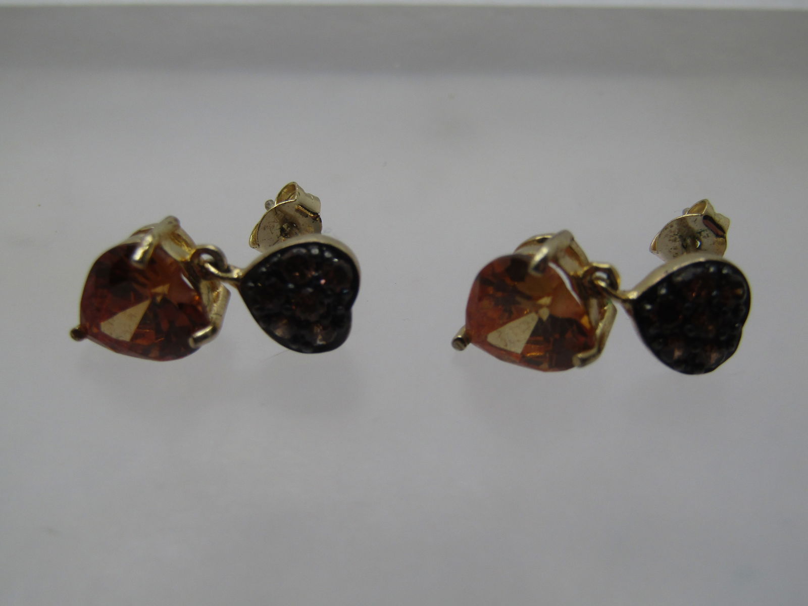 Vintage Hearts Champagne & Orange Earrings, Pierced, Rhinestone, Signed, 1990's - 5