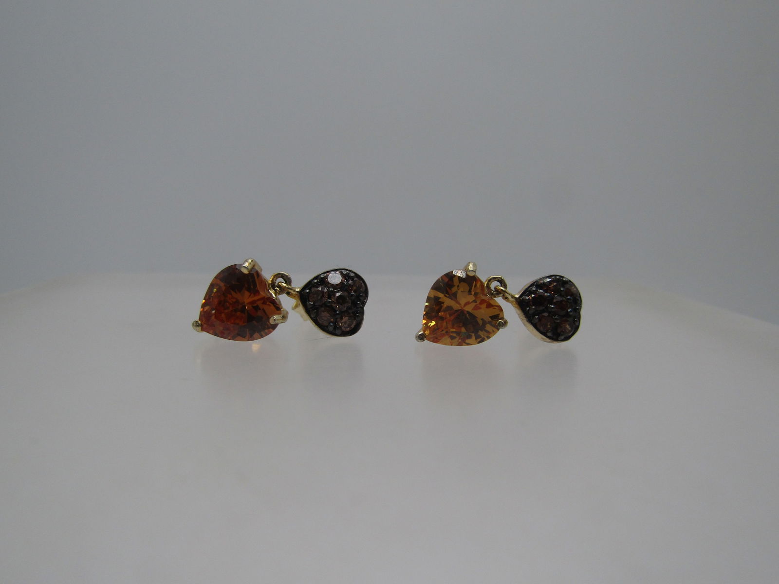 Vintage Hearts Champagne & Orange Earrings, Pierced, Rhinestone, Signed, 1990's - 6