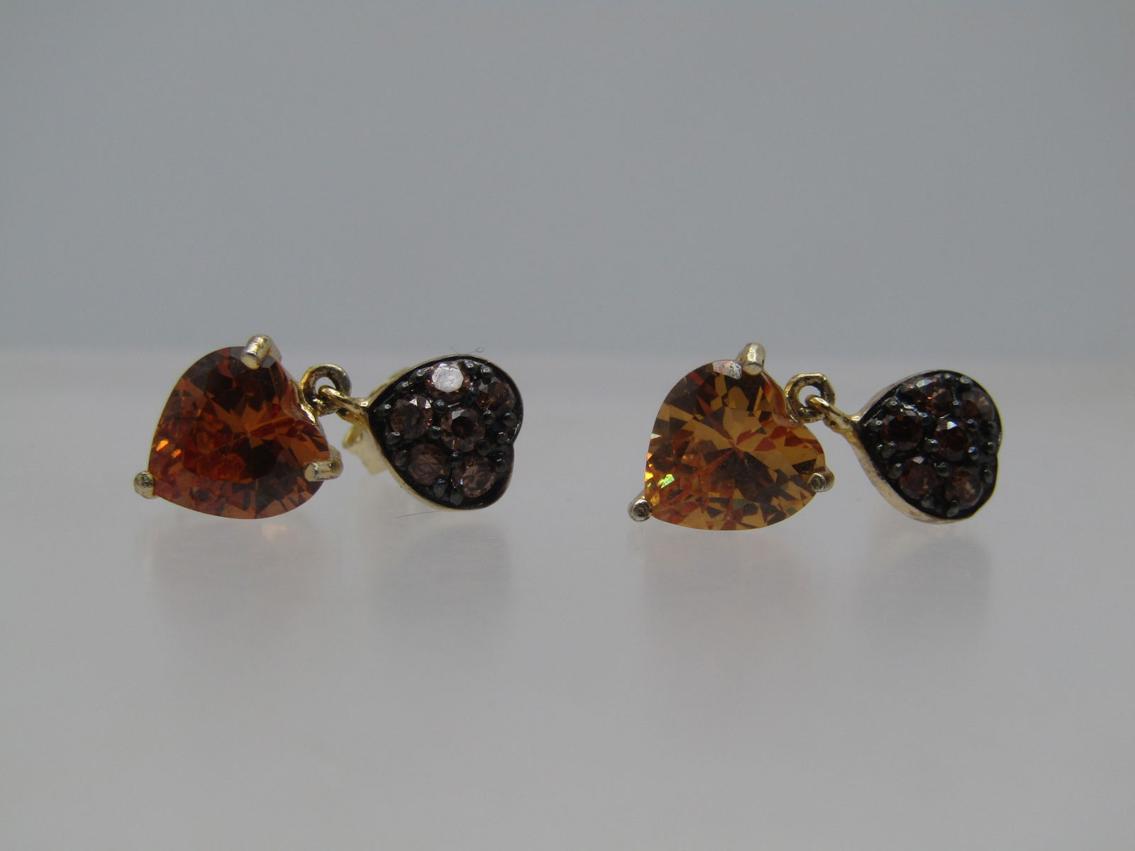 Vintage Hearts Champagne & Orange Earrings, Pierced, Rhinestone, Signed, 1990's - 7