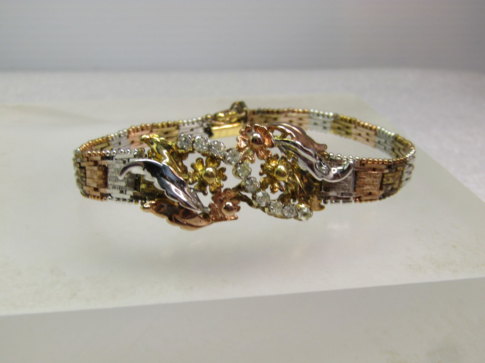 Vintage Sterling Vermeil Riccio Bracelet, CZ and Floral Accents, 1990's, 7.25, Signed Milor, Italy (1 of 10)