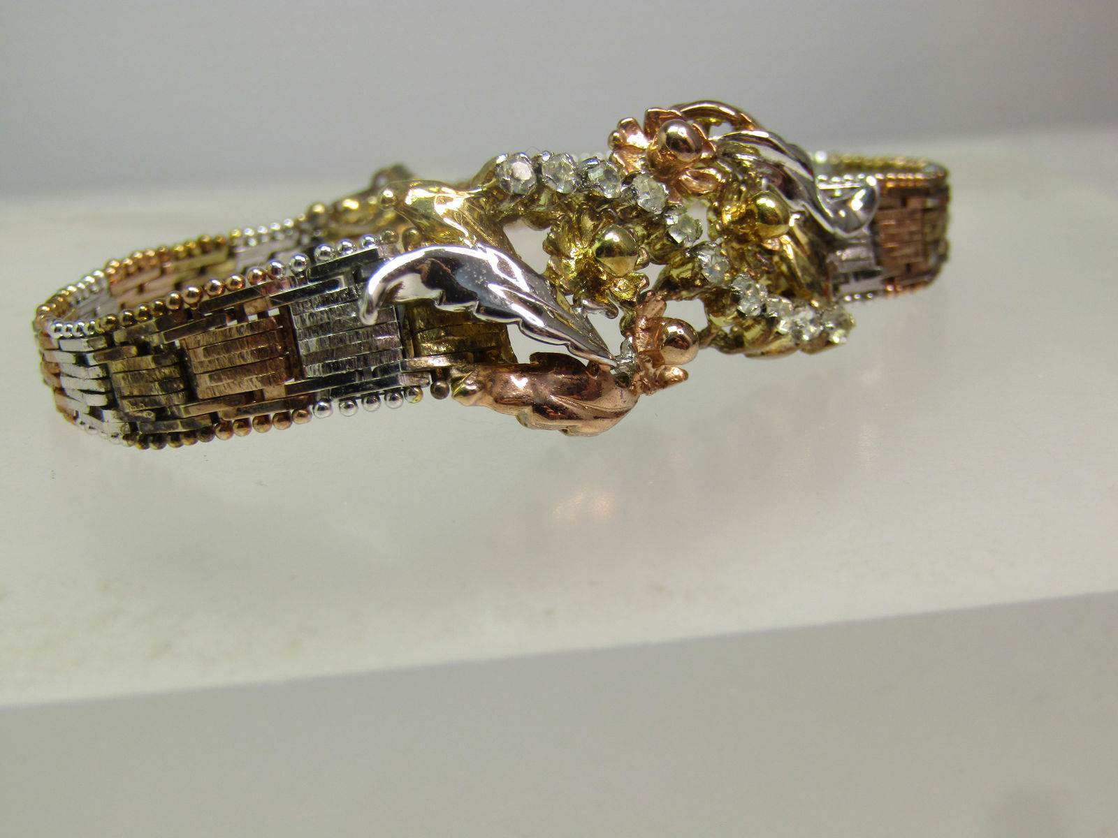 Vintage Sterling Vermeil Riccio Bracelet, CZ and Floral Accents, 1990's, 7.25, Signed Milor, Italy - 2