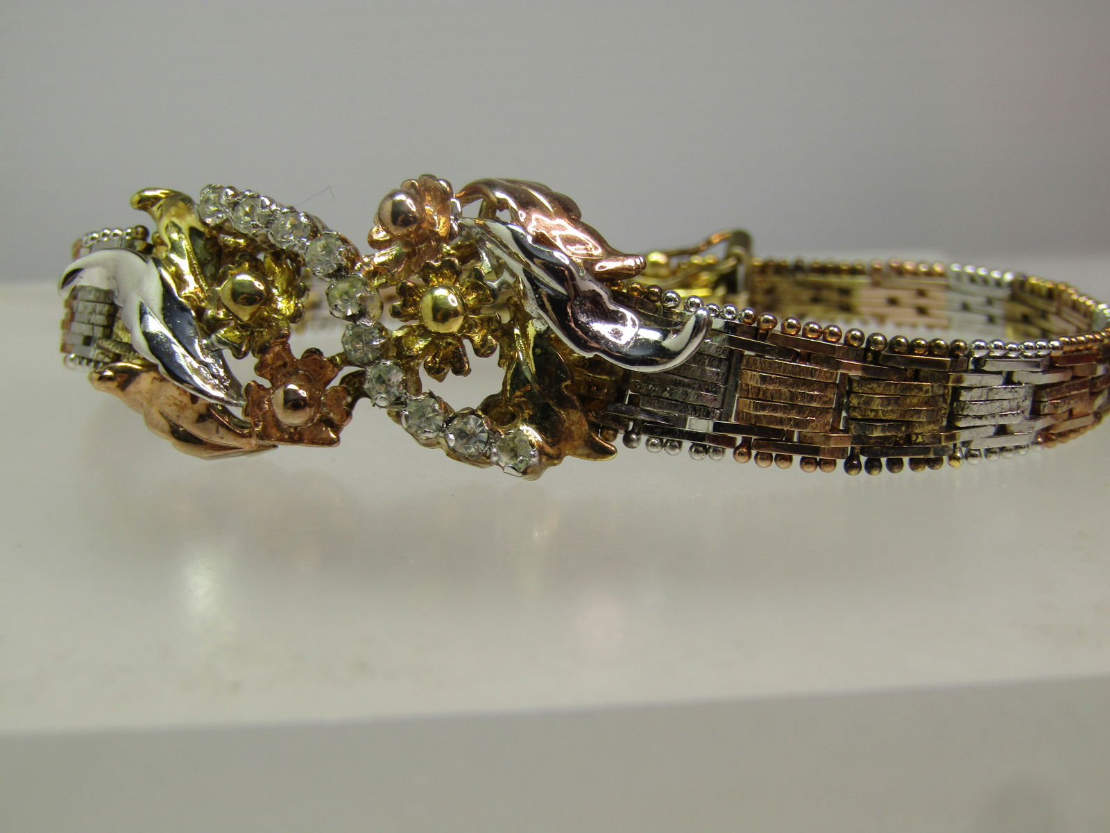 Vintage Sterling Vermeil Riccio Bracelet, CZ and Floral Accents, 1990's, 7.25, Signed Milor, Italy - 3
