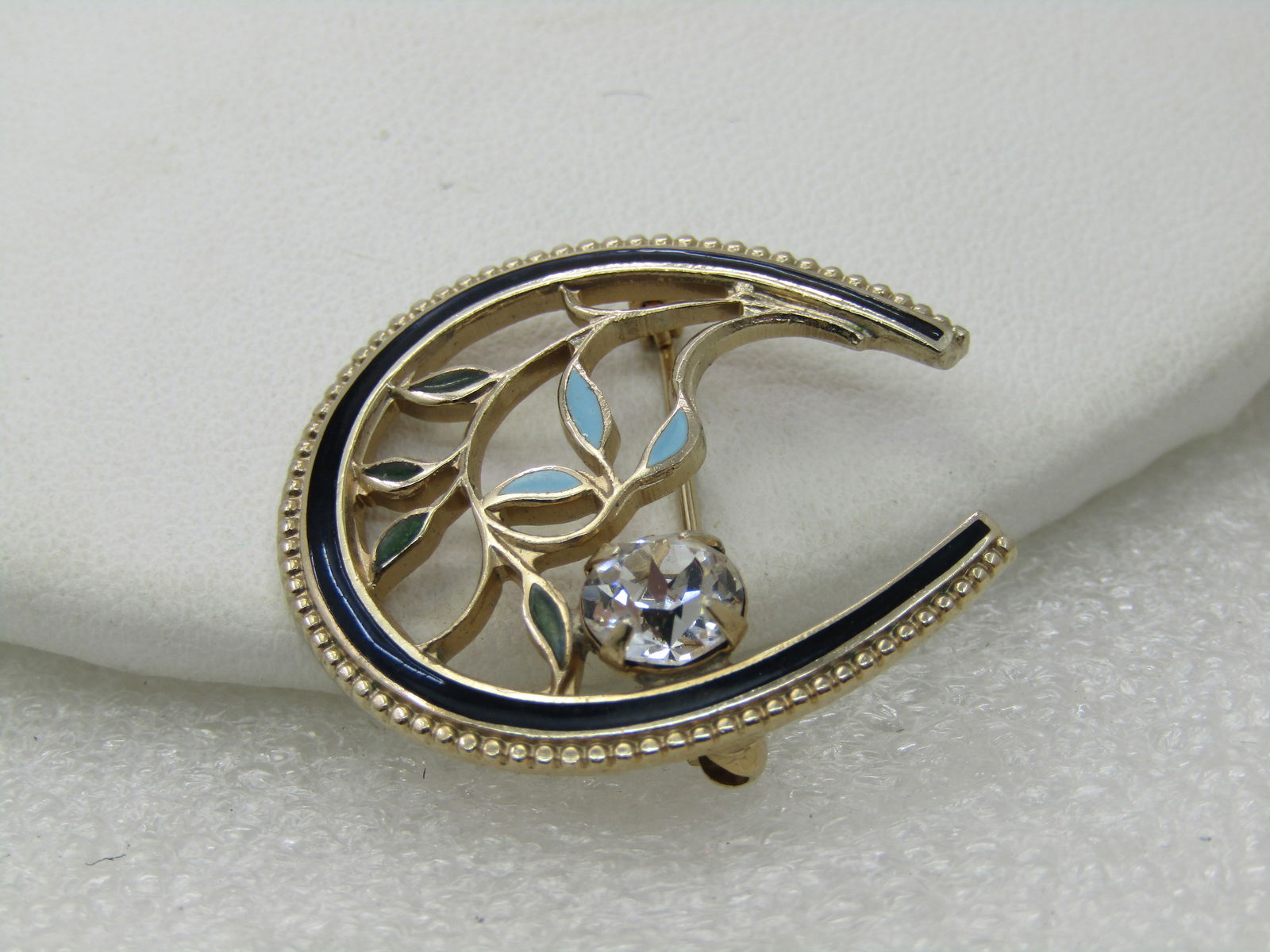 Vintage 10kt G.F. Enameled Rhinestone Horeshoe Floral Brooch, 1-1/8" - 2
