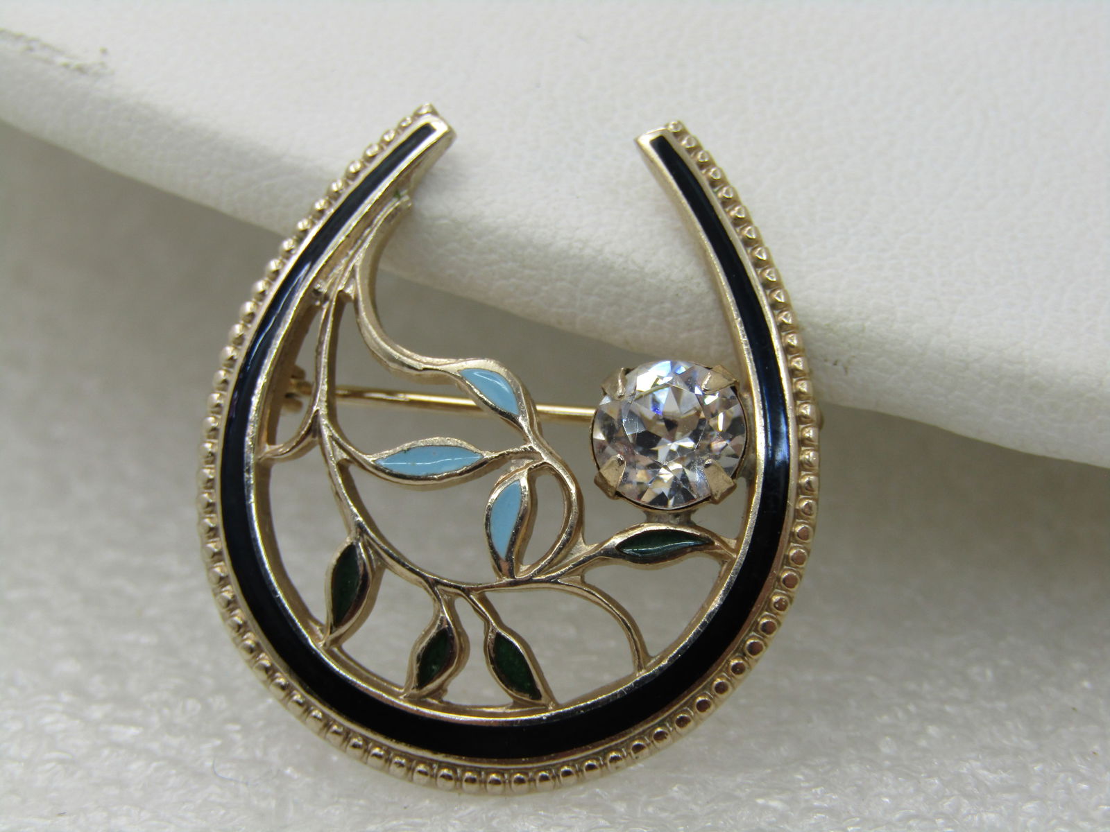 Vintage 10kt G.F. Enameled Rhinestone Horeshoe Floral Brooch, 1-1/8" - 3