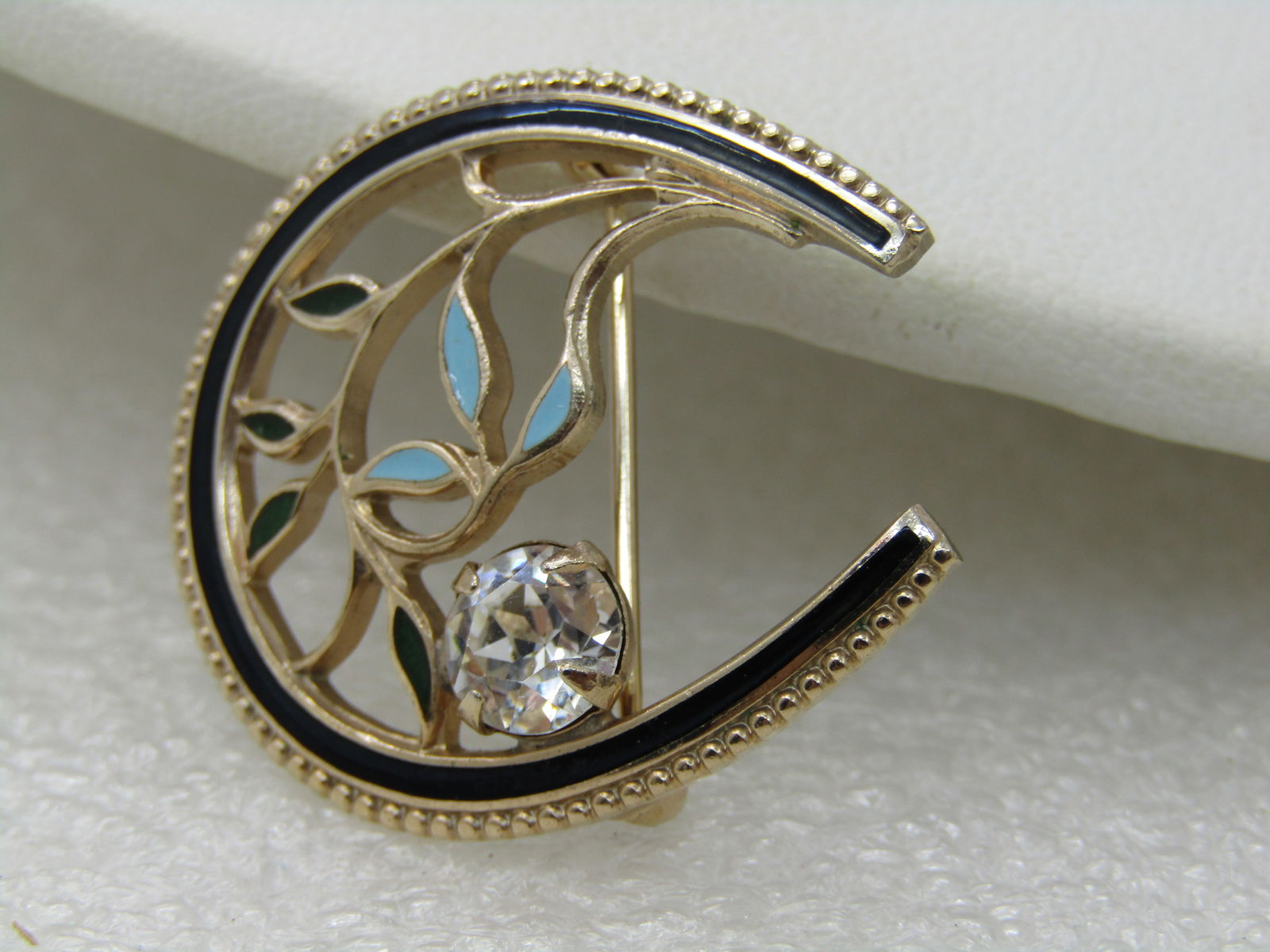 Vintage 10kt G.F. Enameled Rhinestone Horeshoe Floral Brooch, 1-1/8" - 4