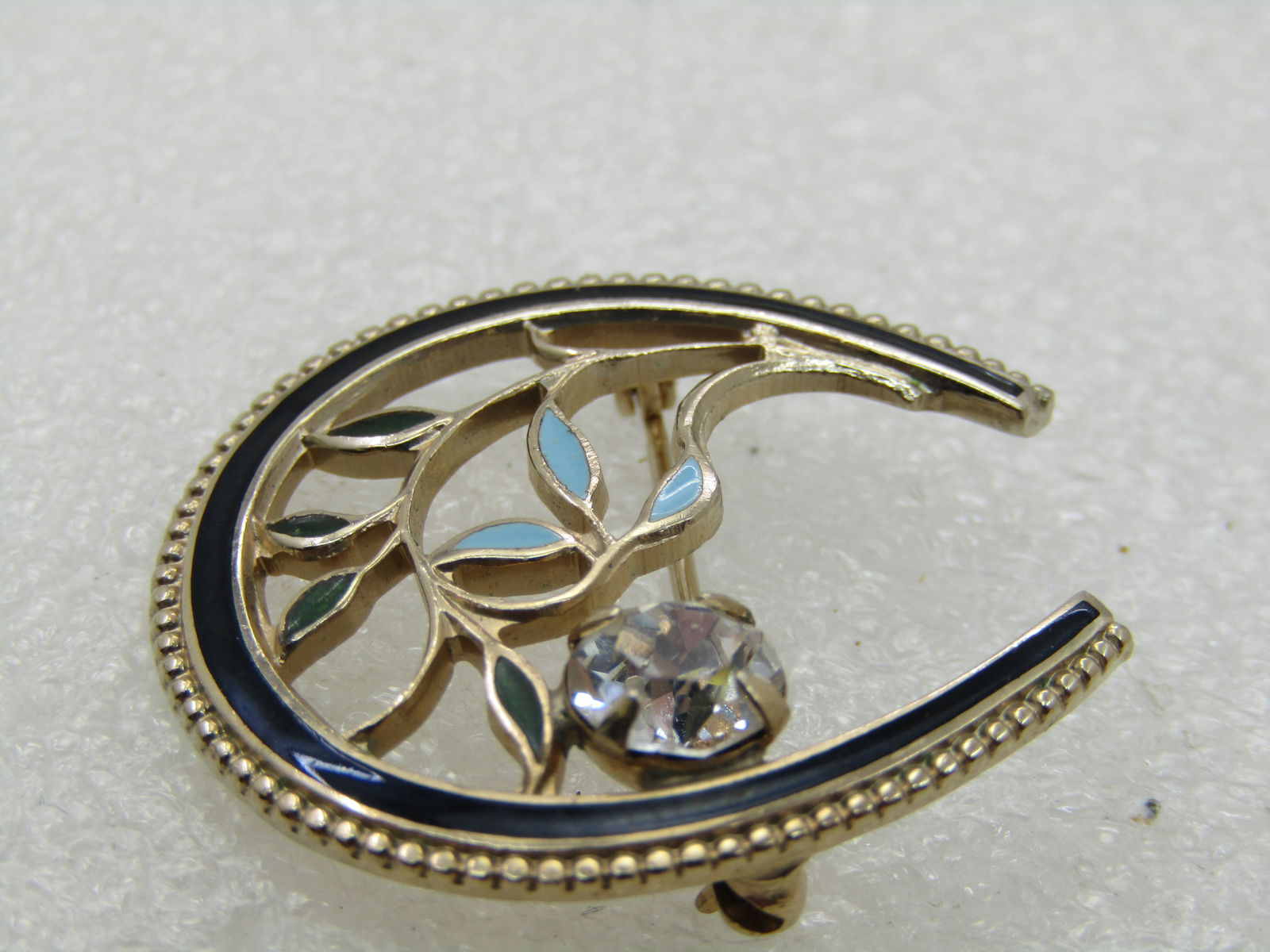 Vintage 10kt G.F. Enameled Rhinestone Horeshoe Floral Brooch, 1-1/8" - 6