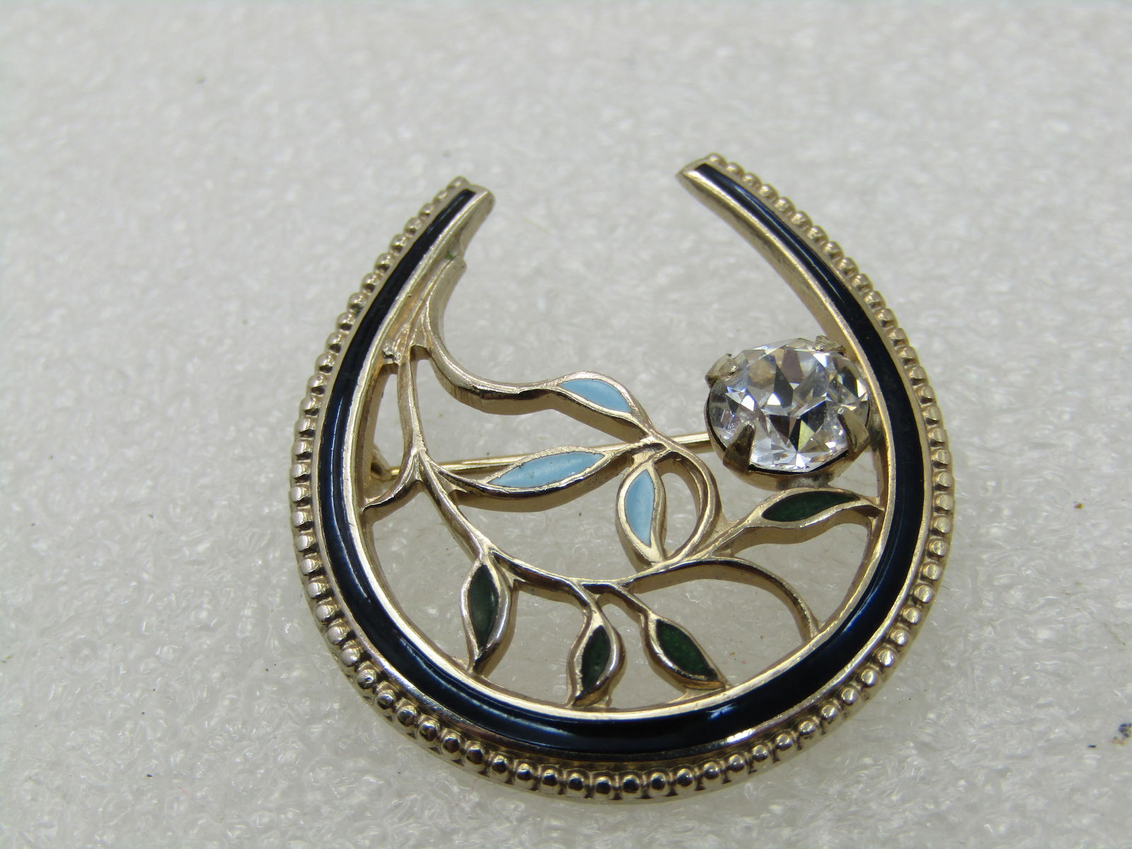 Vintage 10kt G.F. Enameled Rhinestone Horeshoe Floral Brooch, 1-1/8" - 7