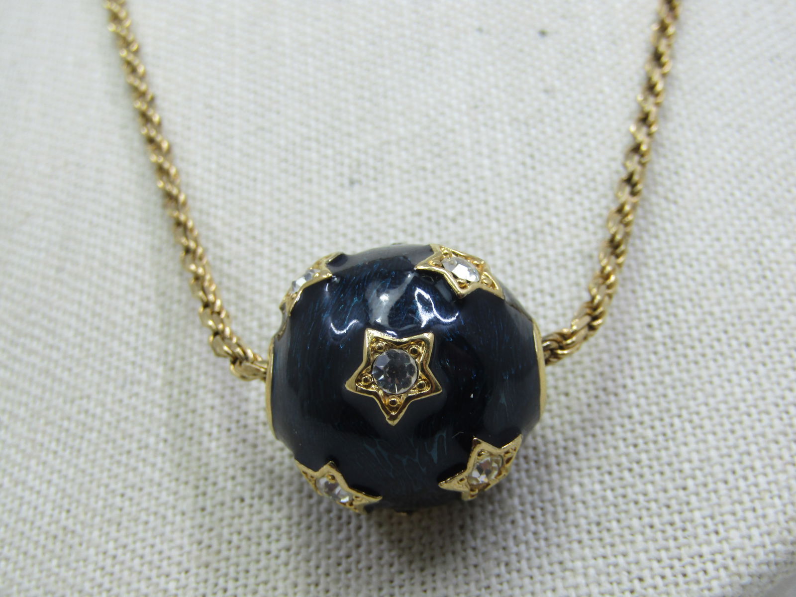 Vintage Sterling Vermeil Blue Enameled CZ Star Round Slide, 24", Signed - 2