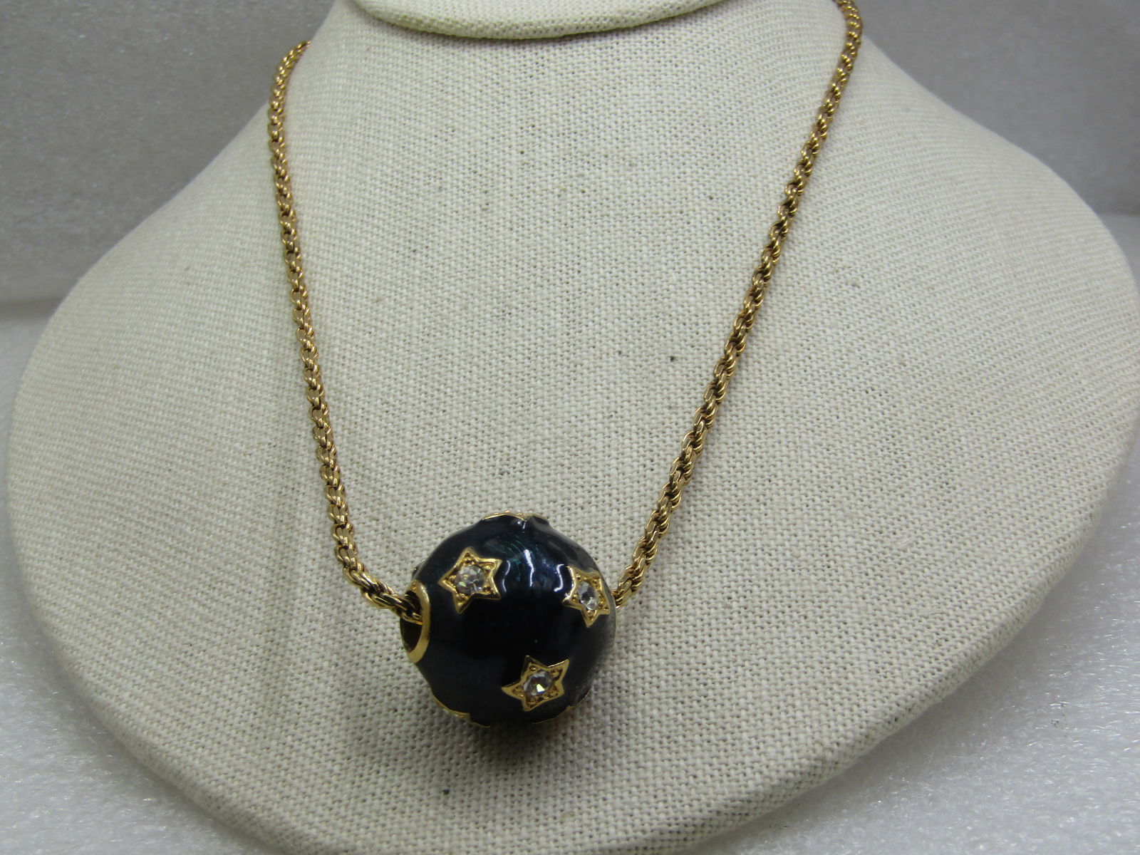 Vintage Sterling Vermeil Blue Enameled CZ Star Round Slide, 24", Signed - 5