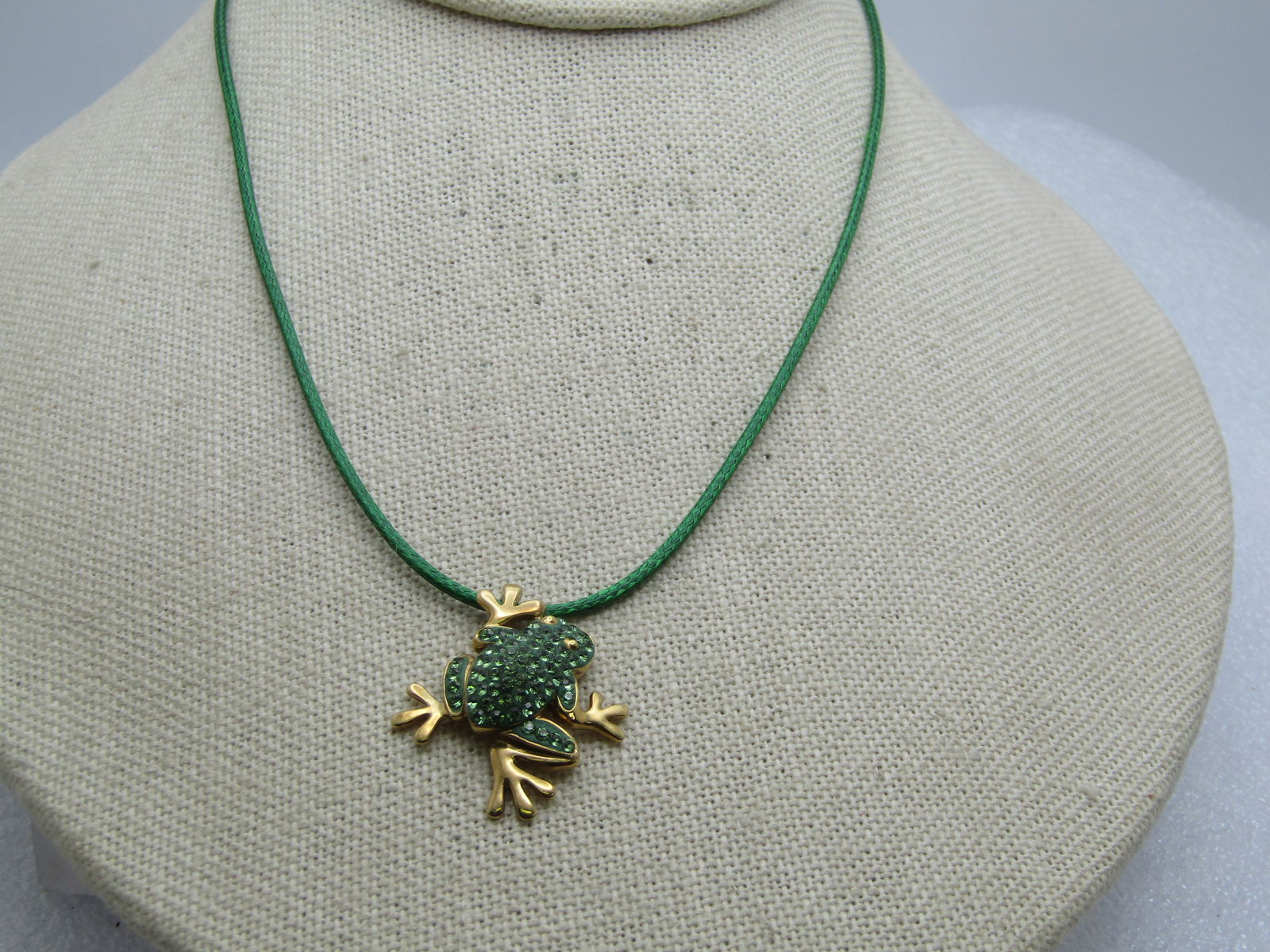 Sterling Rhinestone Enameled Frog Necklace, Goldwashed, 16"-18" Signed R.H. and TH - 3