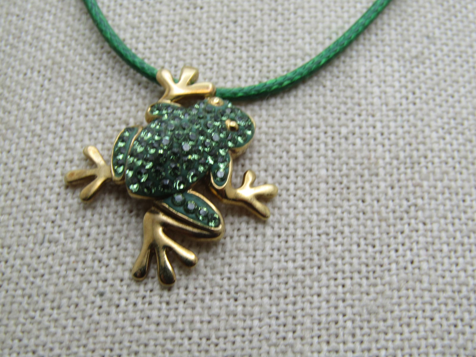 Sterling Rhinestone Enameled Frog Necklace, Goldwashed, 16"-18" Signed R.H. and TH - 4