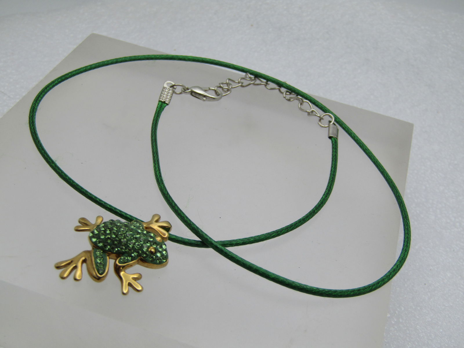 Sterling Rhinestone Enameled Frog Necklace, Goldwashed, 16"-18" Signed R.H. and TH - 6