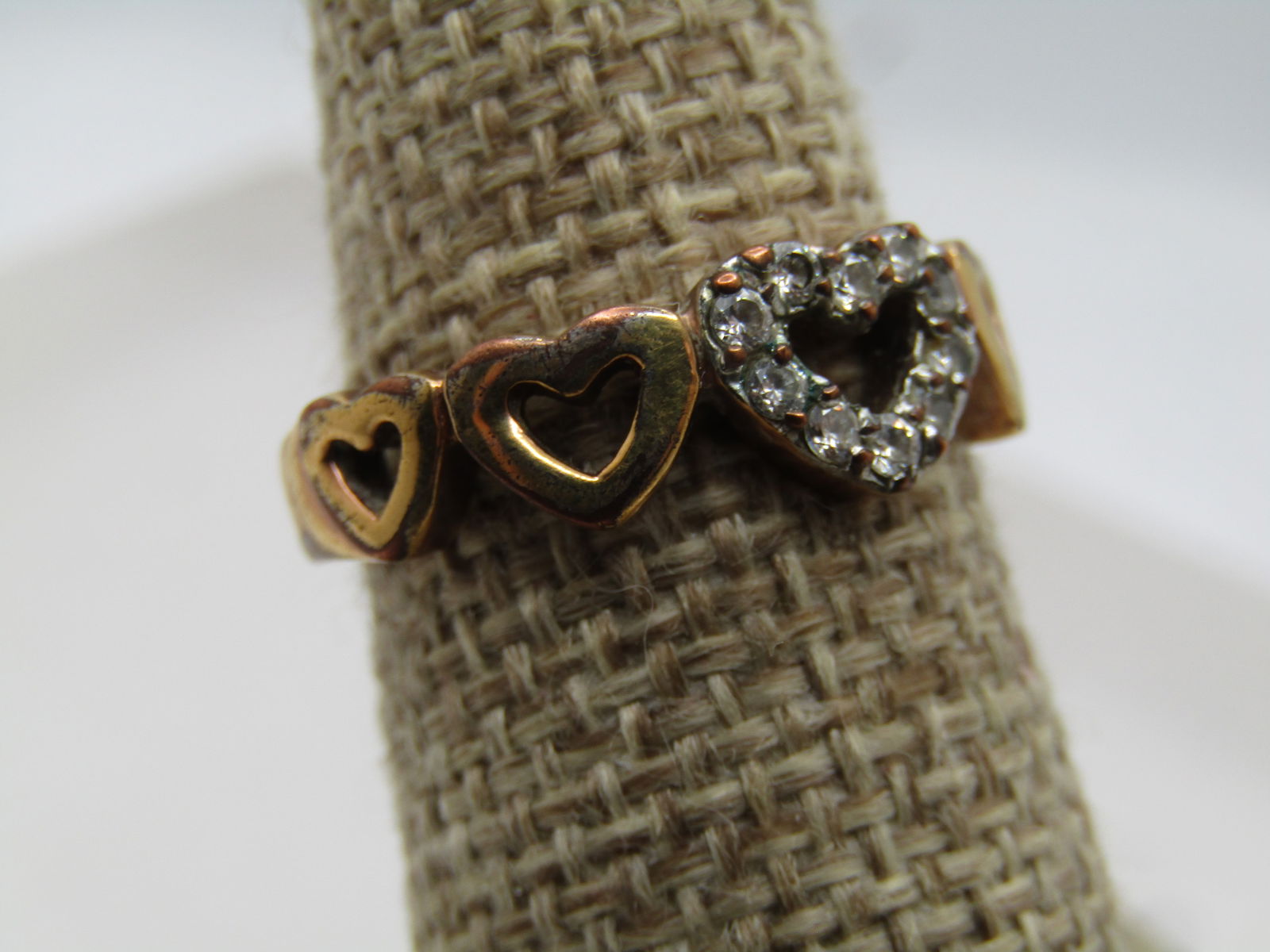 Vintage 10kt G.F. Five Heart Ring with Rhinestones, Sz. 7.5, 1980's, Signed - 2