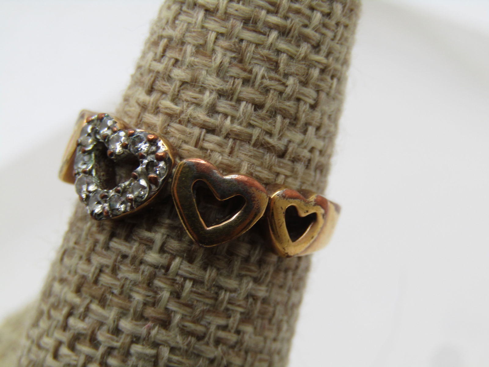 Vintage 10kt G.F. Five Heart Ring with Rhinestones, Sz. 7.5, 1980's, Signed - 3