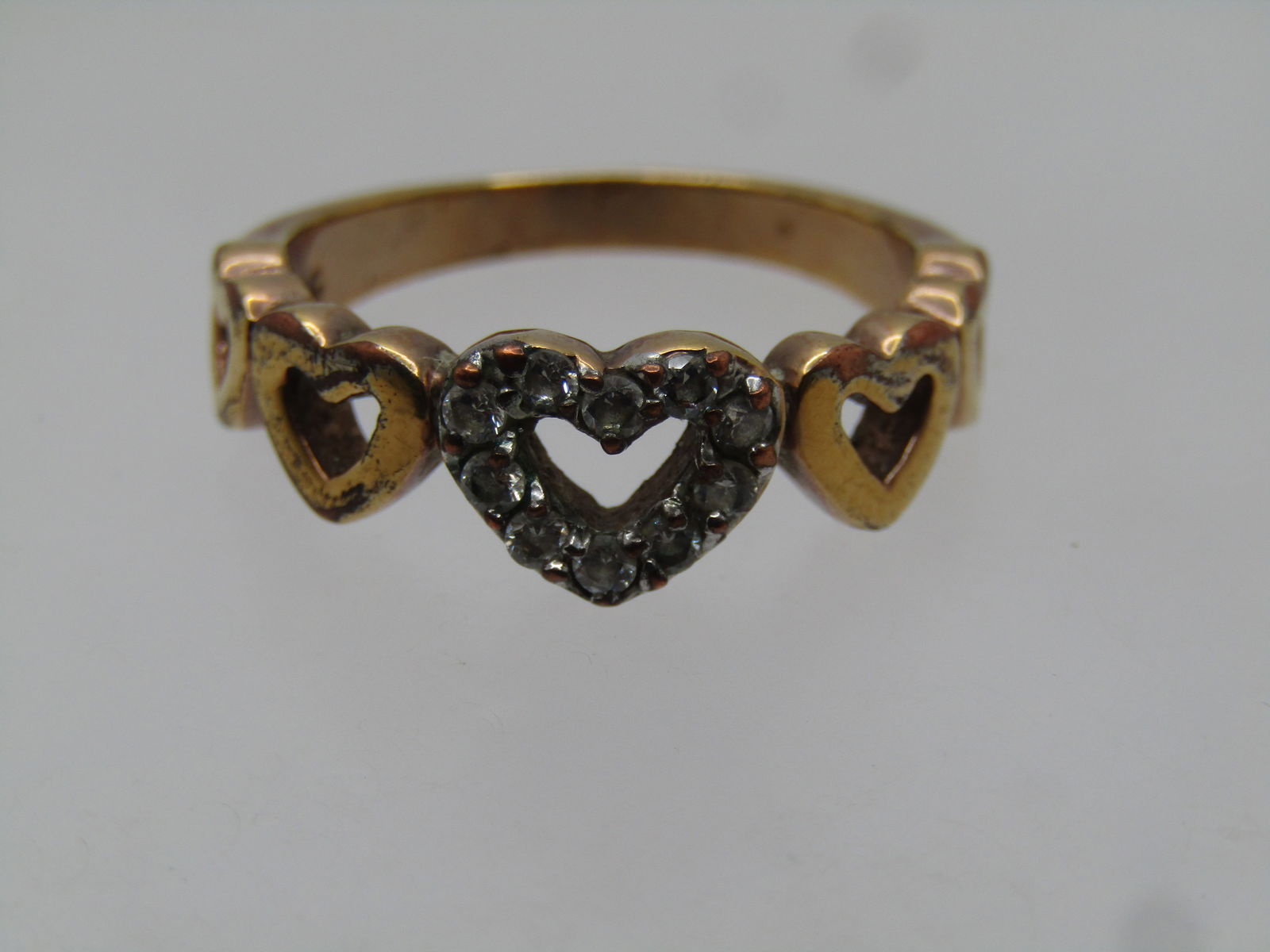 Vintage 10kt G.F. Five Heart Ring with Rhinestones, Sz. 7.5, 1980's, Signed - 4
