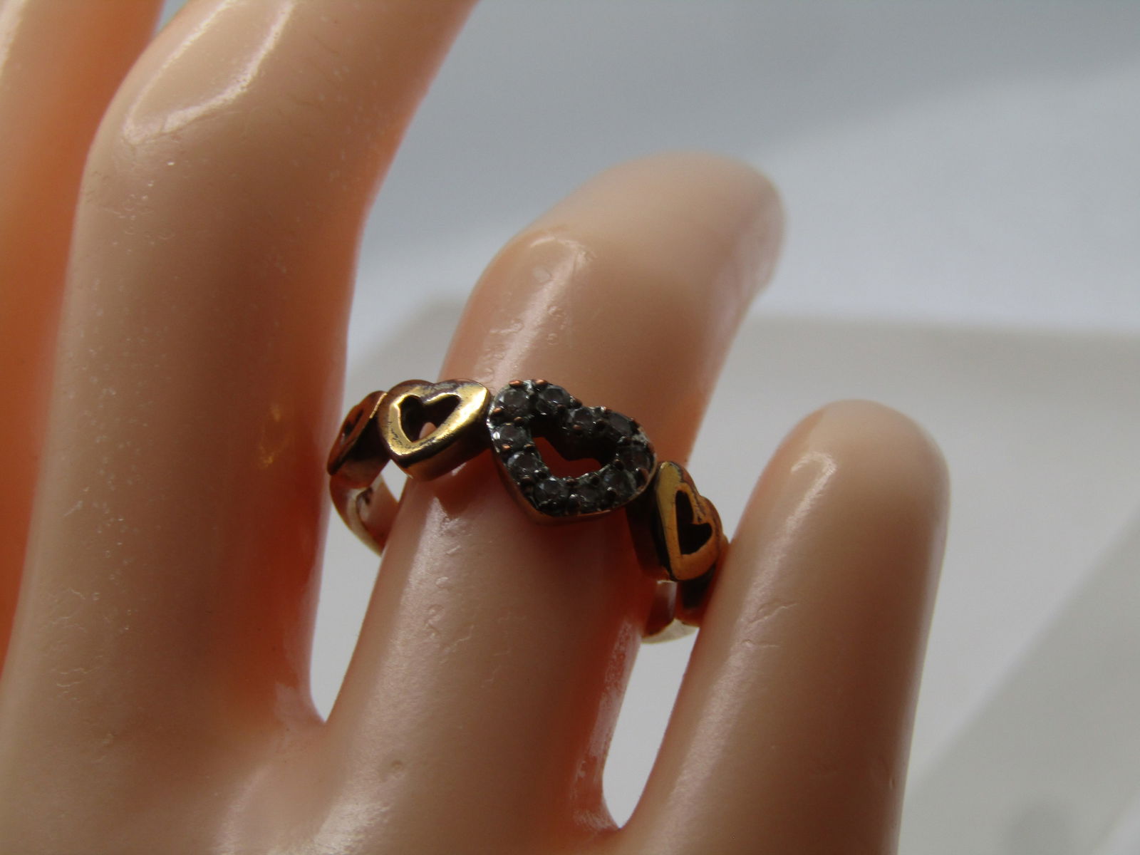 Vintage 10kt G.F. Five Heart Ring with Rhinestones, Sz. 7.5, 1980's, Signed - 7