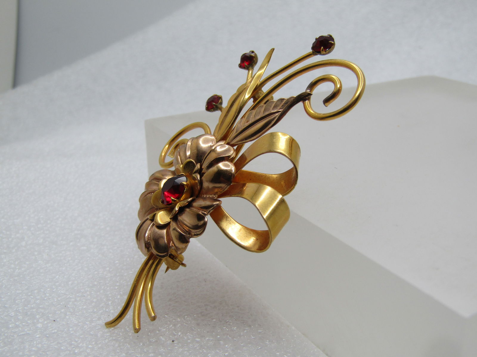 Vintage 12kt GF Floral Brooch, Red Rhienstones, 1940's - 2