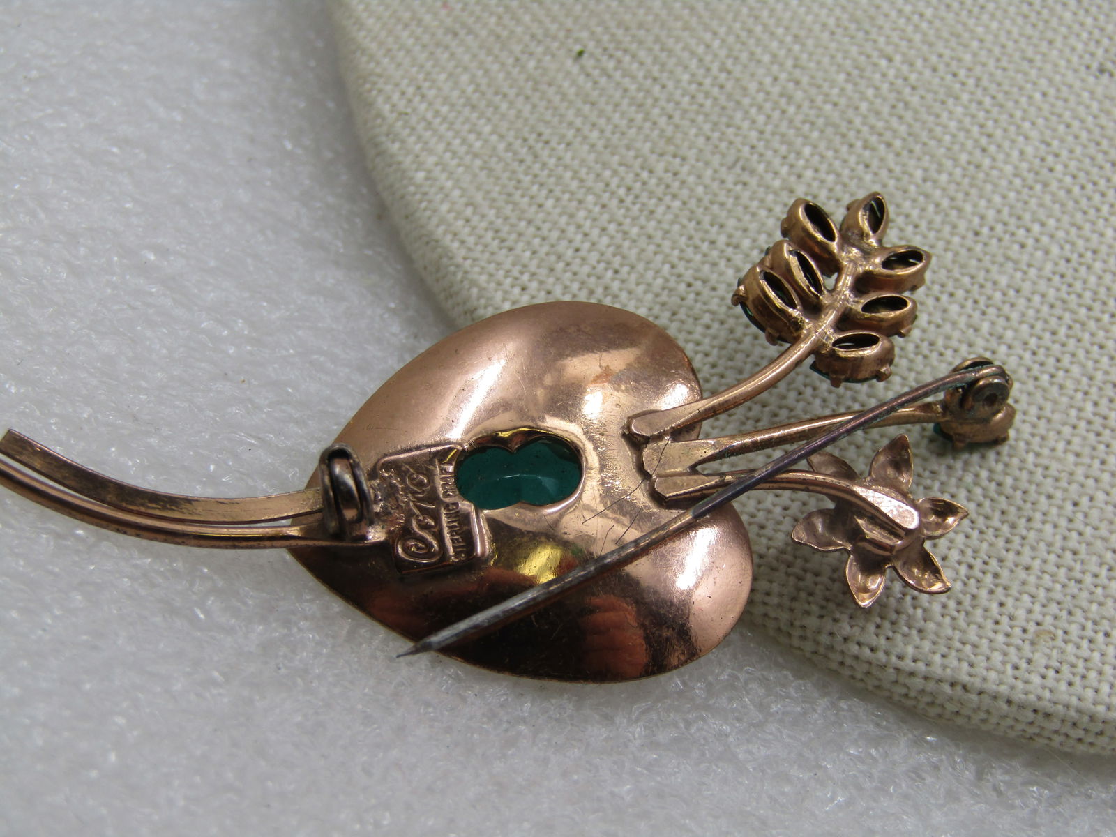 Vintage Coro Sterling Vermeil Floral Brooch, Rhinestones, 3", 1940's - 3