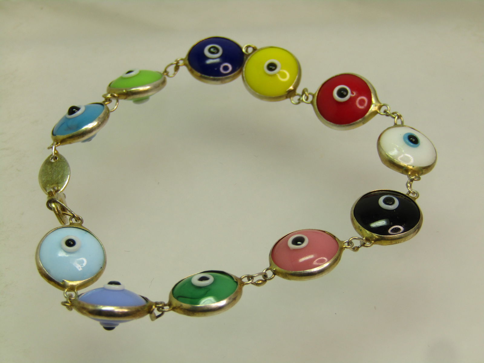 Vintage Sterling Glass Eye Bracelet, Multi-Colored Evil/Protective, Turkey, 7.5", Signed ATI. - 2