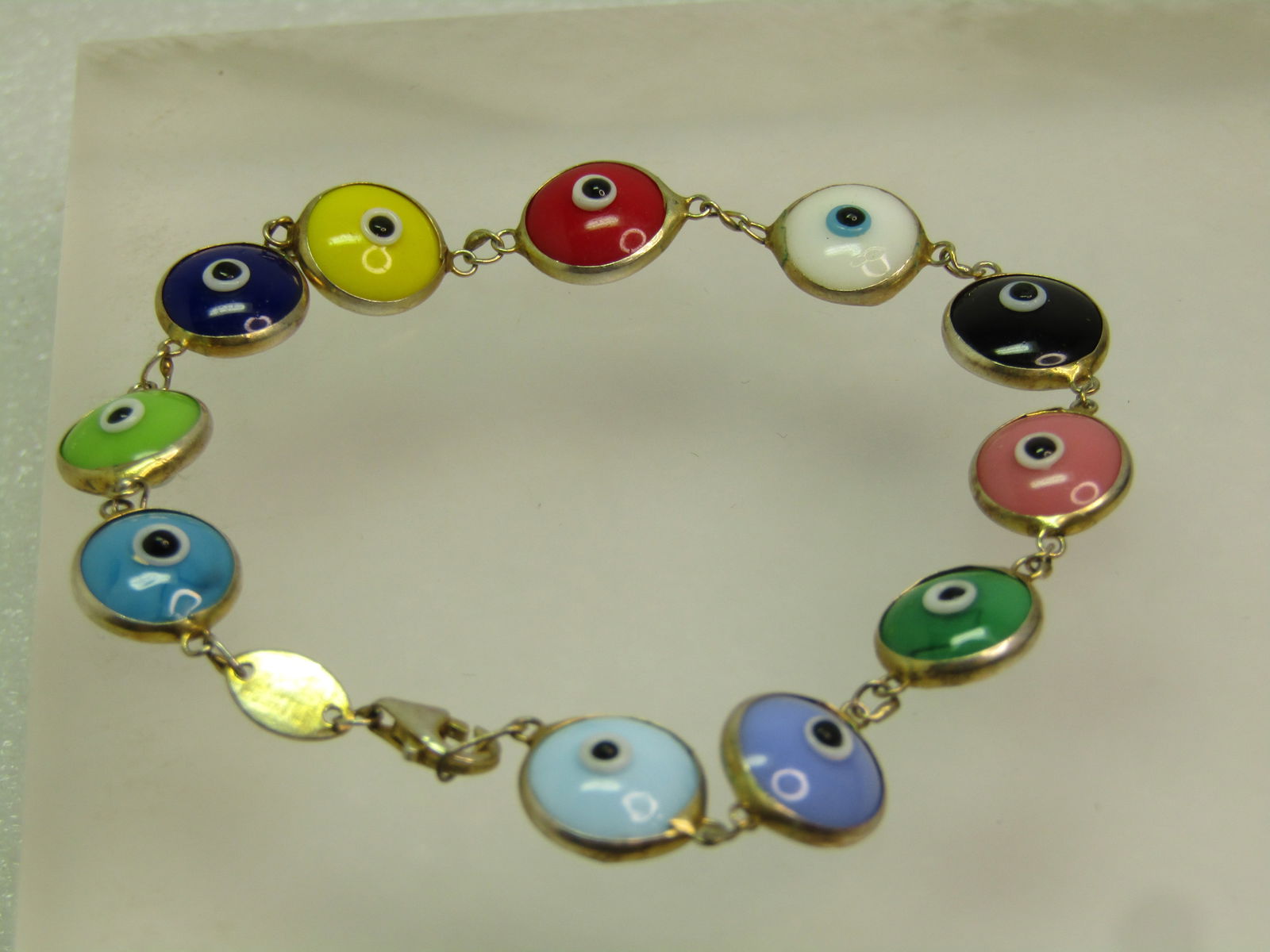 Vintage Sterling Glass Eye Bracelet, Multi-Colored Evil/Protective, Turkey, 7.5", Signed ATI. - 3