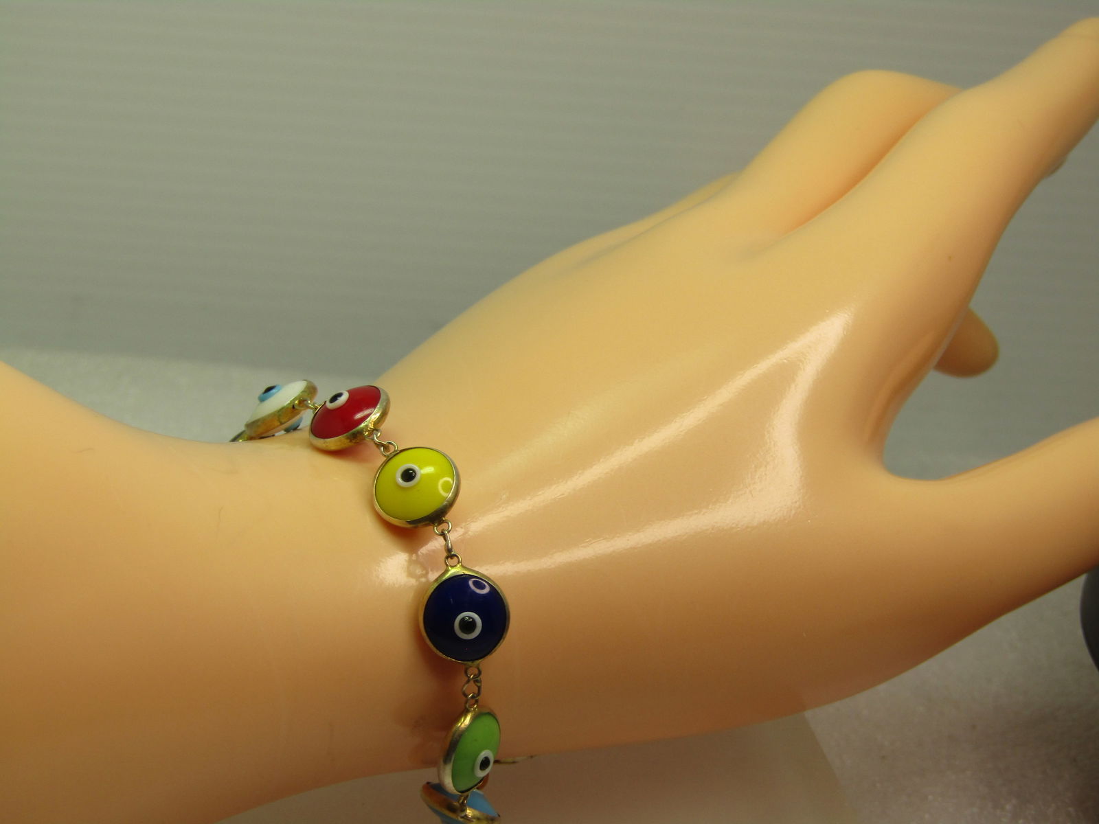 Vintage Sterling Glass Eye Bracelet, Multi-Colored Evil/Protective, Turkey, 7.5", Signed ATI. - 5