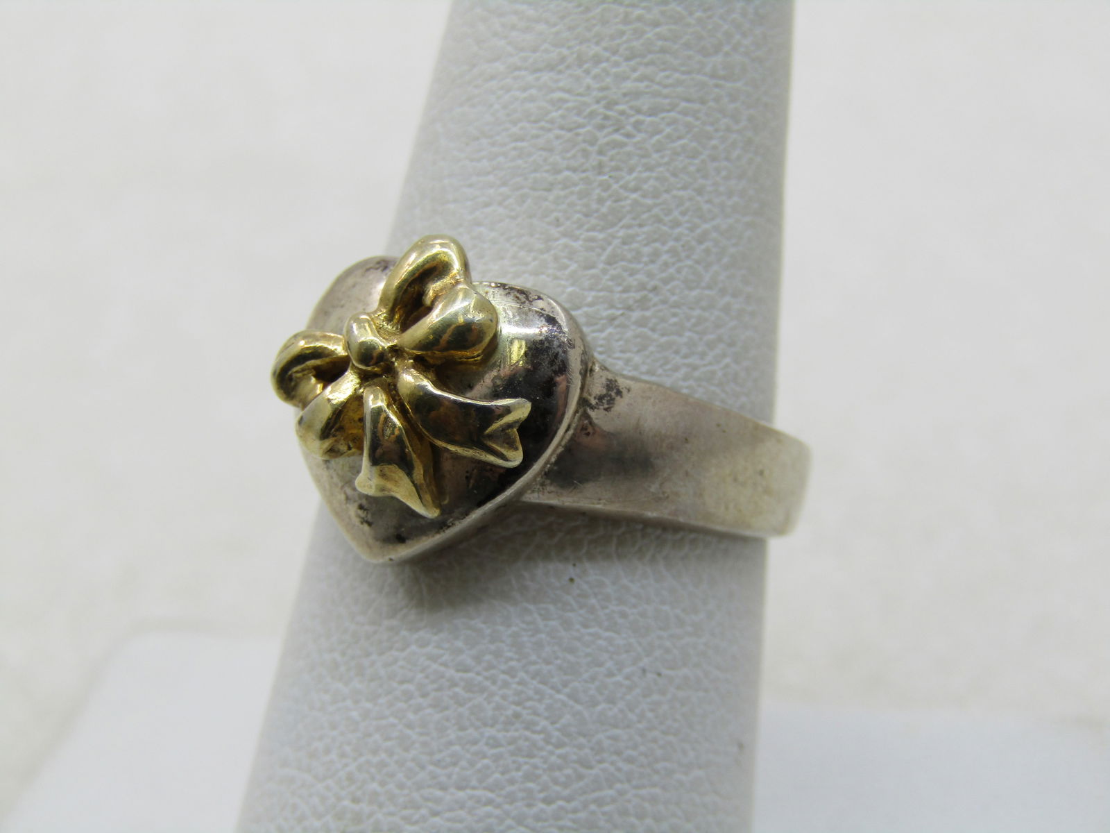 Vintage Sterling Heart & Bow Ring, 10kt Gold Washed Bow, Sz. 8 - 2