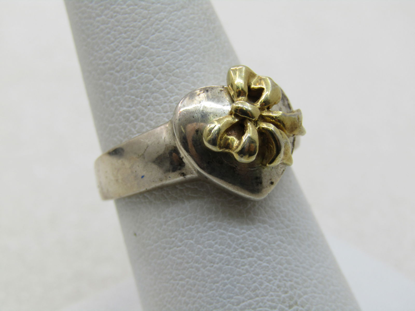 Vintage Sterling Heart & Bow Ring, 10kt Gold Washed Bow, Sz. 8 - 3
