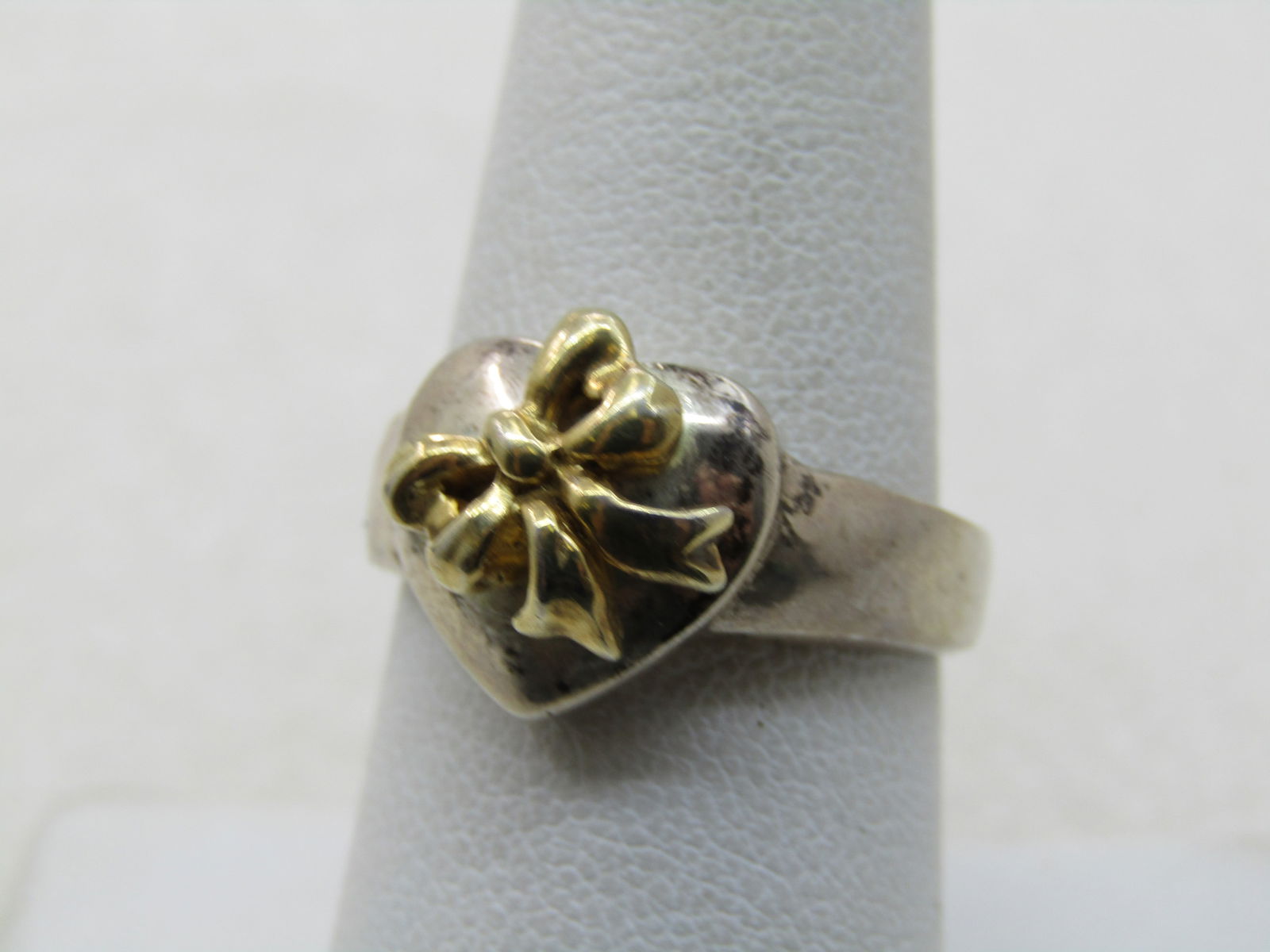 Vintage Sterling Heart & Bow Ring, 10kt Gold Washed Bow, Sz. 8 - 4