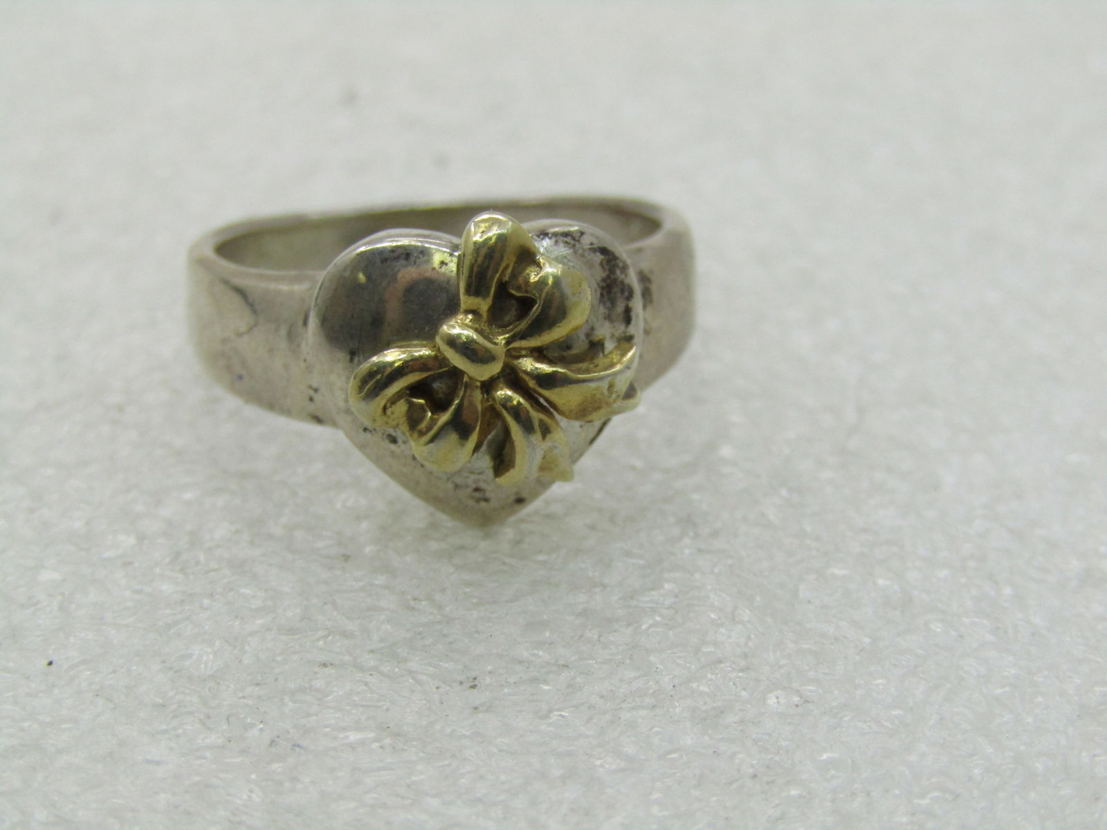 Vintage Sterling Heart & Bow Ring, 10kt Gold Washed Bow, Sz. 8 - 5