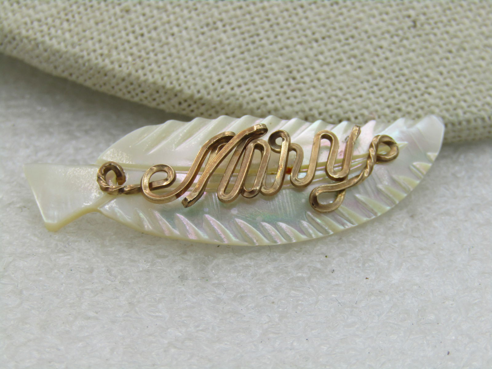Vintage Mother-of-Pearl Mary Name Brooch, Leaf Design, 2" wide - 2