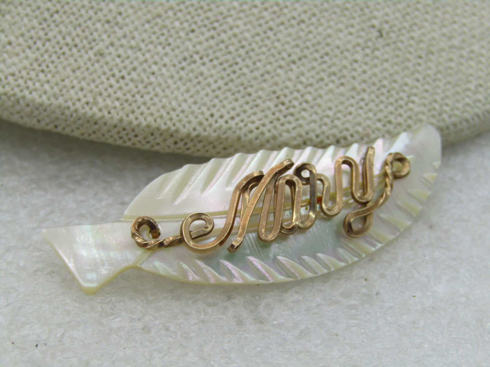Vintage Mother-of-Pearl Mary Name Brooch, Leaf Design, 2" wide - 3