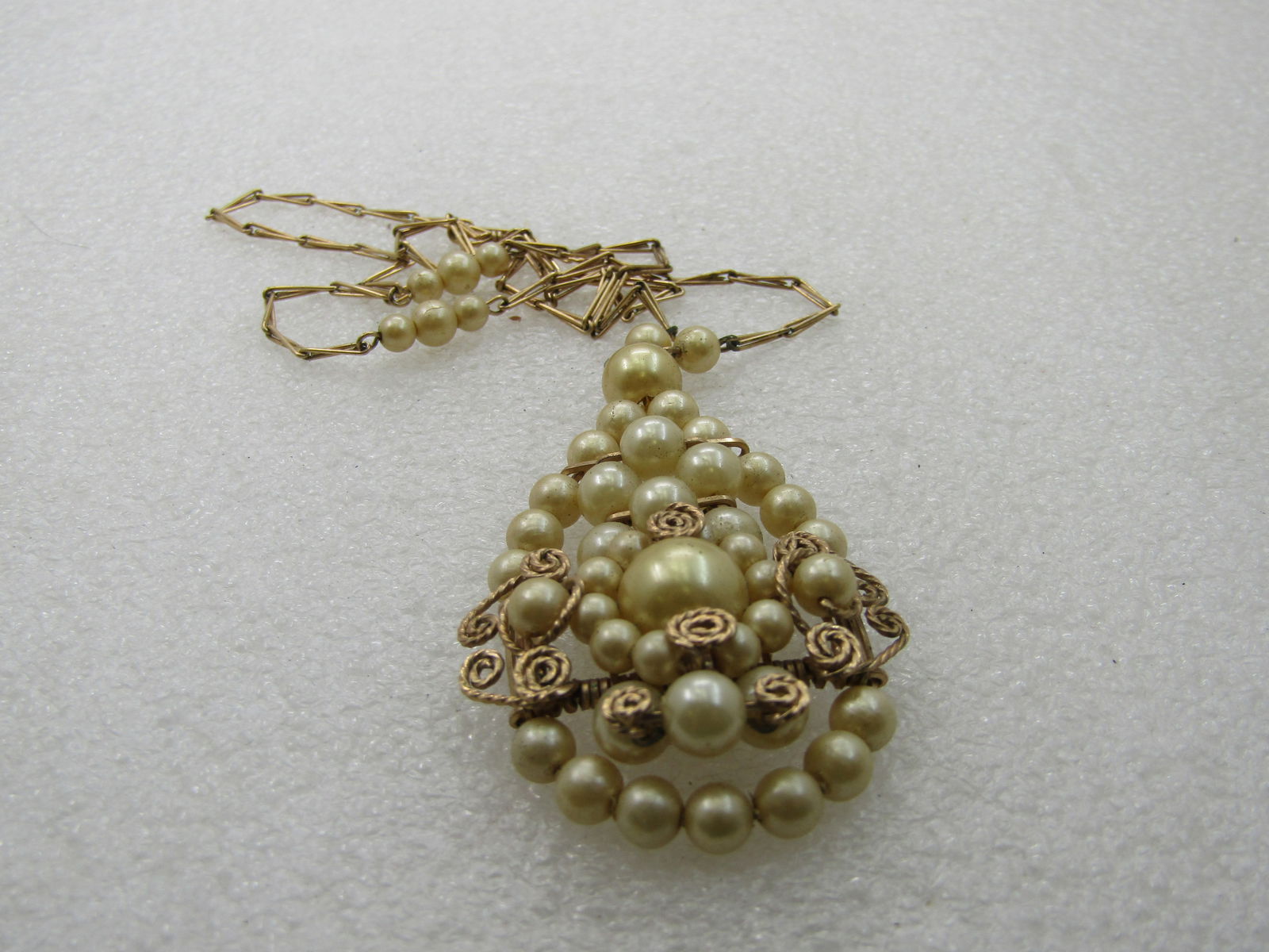 Vintage 12kt G.F. Faux Pearl Long Link Necklace, Hand-Made, 17" - 9